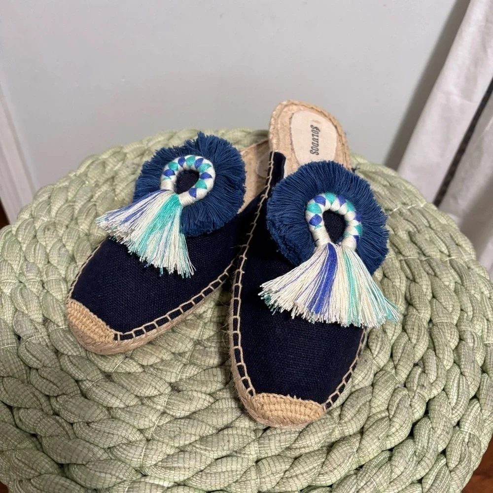 NEW Soludos Kiki Tassel Midnight Blue Canvas Slip On Flat Mule Espadrilles